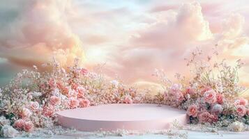 Romantic pastel floral scene with pink roses and dreamy clouds photo