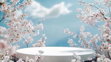 Round pedestal amid cherry blossoms and blue sky with clouds photo