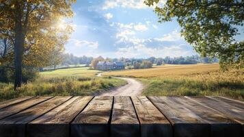 Rustic wooden table overlooking a countryside path leading to a farmhouse in autumn photo