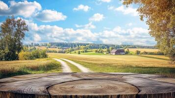 Rustic wooden table with scenic countryside landscape background photo