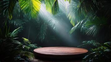 Serene light beam illuminating wooden platform in lush green jungle photo