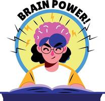 A flat sticker of reading character with brain power typography vector