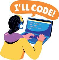 Flat style sticker of a coder working on a laptop vector