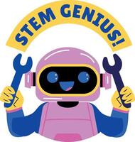 Flat sticker of study robot with stem genius typography vector