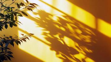 Sunlit leaves casting shadows on yellow wall photo