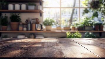 Sunlit rustic kitchen with wooden table and indoor plants photo