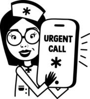 A glyph striker of a nurse holding mobile written urgent call vector
