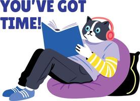 Flat sticker of a cat character reading a book vector