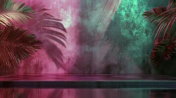 Tropical vibes pink and green abstract jungle background with palm leaves and water reflection photo