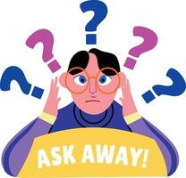 A flat sticker of a confused student with ask away typography vector