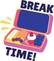 Flat sticker of a lunch box with break time typography vector