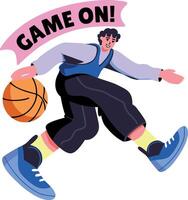 Flat sticker of a character playing basketball with game on typography vector