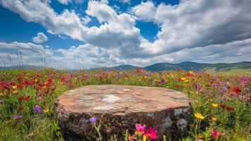 Vibrant wildflowers surrounding large rock on sunny hillside under cloudy sky photo