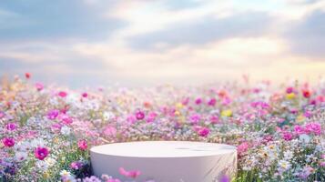 White pedestal amidst vibrant flower field under cloudy sky at sunrise photo
