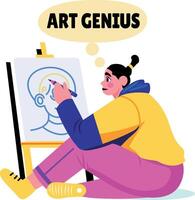 A flat sticker of an art genius character drawing a picture on canvas vector