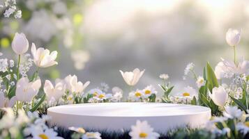White tulips and daisies surrounding an empty circular platform in a garden photo