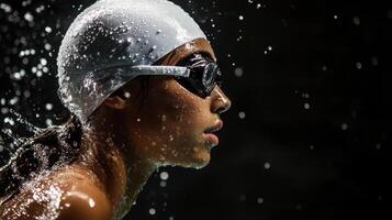 Female swimmer in action underwater with goggles and cap photo