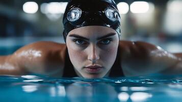 Focused young caucasian female swimmer ready in black cap with goggles in pool photo