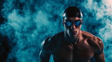 Focused caucasian male swimmer in swim cap and goggles against misty blue background photo