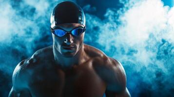 Focused male swimmer in goggles and swim cap surrounded by vapor photo