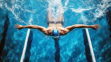 Male swimmer performing butterfly stroke in clear blue pool photo