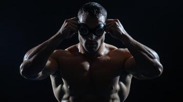Male swimmer preparing with goggles in low light photo