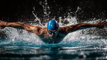Male swimmer in action during butterfly stroke at indoor pool photo