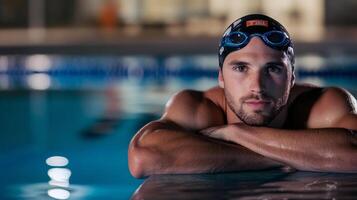 Male swimmer resting at pool edge with goggles at indoor swimming facility photo