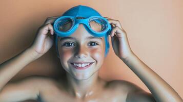 Smiling caucasian male child wearing swim cap and goggles against peach background photo