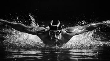 Male swimmer performing butterfly stroke in pool photo