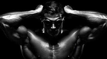 Strong young caucasian male athlete with goggles posing in monochrome lighting photo