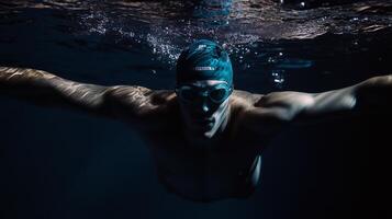 Young caucasian male swimmer in action underwater with goggles and swim cap photo