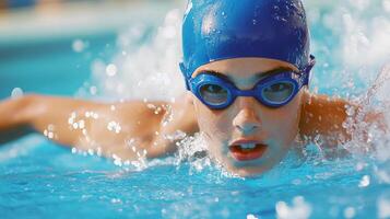 Young caucasian male swimmer wearing blue cap and goggles in pool photo
