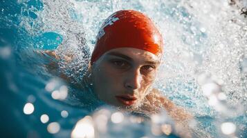 Young caucasian male swimmer in red cap swimming underwater photo