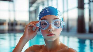 Young caucasian female swimmer with goggles in indoor pool photo
