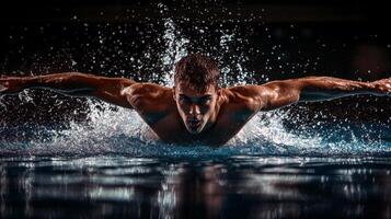 Young caucasian male swimmer performing powerful butterfly stroke at night photo