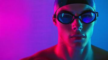 Young male swimmer with goggles and swim cap in neon light photo