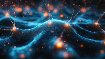 Abstract blue and orange glowing particles on a wavy surface photo