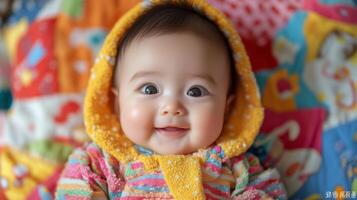 Adorable asian baby in colorful hoodie smiling happily at camera photo