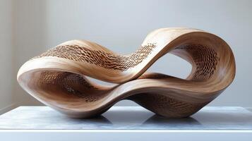 Abstract wooden sculpture with intricate carved patterns on marble surface photo