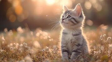 Adorable tabby kitten in sunlit field surrounded by flowers photo