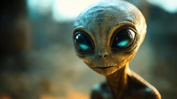 Alien creature with large eyes in mystical landscape photo