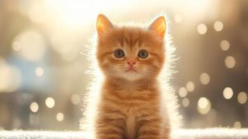 Adorable fluffy orange kitten in sunlit setting with sparkling bokeh background photo