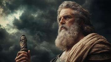 Ancient bearded mythical god holding staff under stormy skies photo