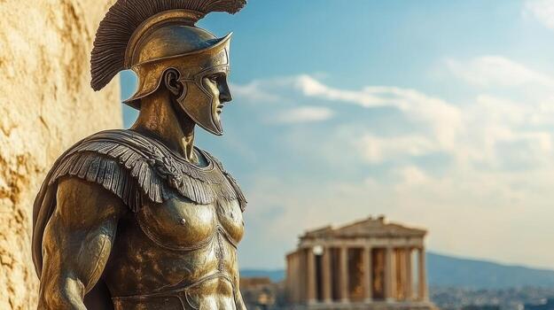 Ancient greek warrior statue with parthenon view under blue sky photo
