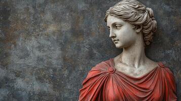 Ancient greek-style female sculpture with red drapery against textured background photo