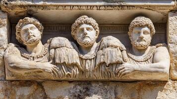 Ancient roman stone relief with three male figures in togas photo