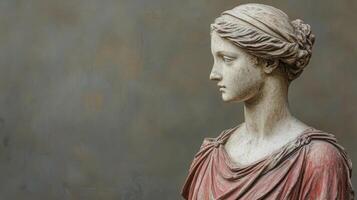 Ancient marble statue of woman with draped red robe against textured background photo