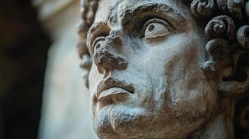 Ancient stone bust close-up with intricate details and expressive features photo