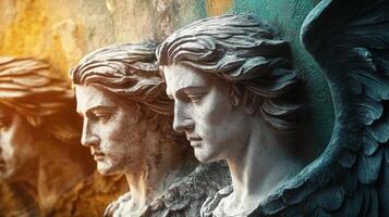 Ancient stone angel statues with dramatic lighting and detailed wings photo